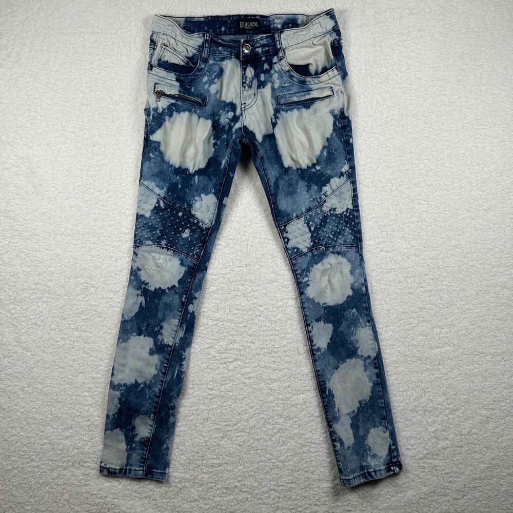 BLACK PREMIUM Mens 30x32 Blue Acid Wash Bleached Moto Skinny Jeans Quilted Knee